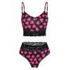 Ensemble de Lingerie à Imprimé Cœur à Ourlet en Dentelle de Grande Taille - Noir L