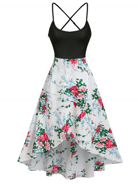 Flower Print Vacation Sundress Criss Cross Garden Party Dress Overlap High Low Cami Dress