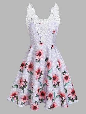 Flower Printed Lace Insert Mini Dress