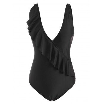 

Low Cut Ruffle High Cut One-piece Swimsuit, Black