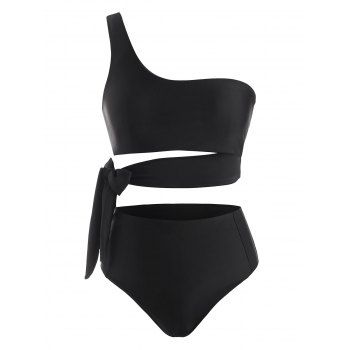 

One Shoulder Side Knot Cutout Full Coverage Bikini Swimwear, Black