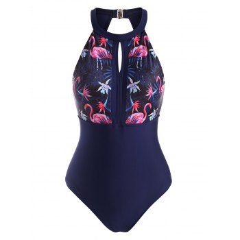 

Cutout Flamingo Leaf Print Keyhole One-piece Swimsuit, Deep blue