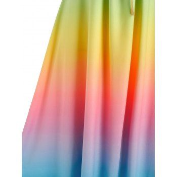 Ombre Rainbow Color A Line Sundress Cinched Tie Ruched Bust Slip Dress