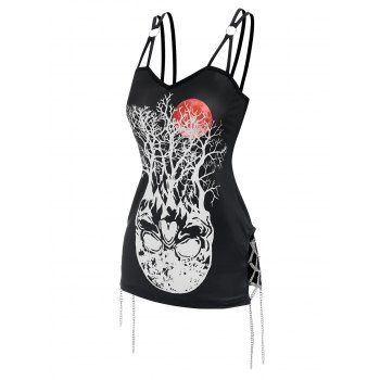

Strappy Skull Tree Moon Print Chain Lace-up Tank Top, Black
