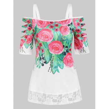 

Flower Print Lace Insert Ripped T-shirt, Light pink