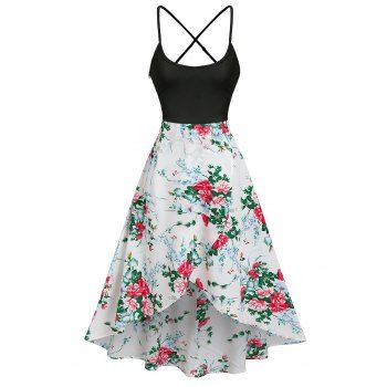 

Flower Print Vacation Sundress Criss Cross Garden Party Dress Overlap High Low Cami Dress, Multicolor