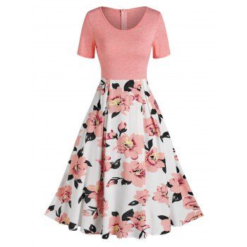 

Floral Pattern Panel Mid-calf Dress, Light pink