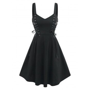 

Grommet Lace Up V Neck Dress, Black