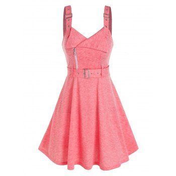 

Sleeveless Buckle Strap Heathered Belted Dress, Light pink