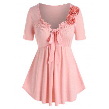 

Plus Size Lace Up Floral Embellished T Shirt, Light pink