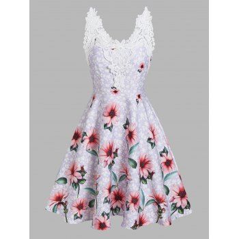 

Ditsy Flower Print Cottagecore A Line Mini Sundress Floral Corchet Lace Insert Skater Dress, Light purple