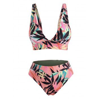 

Tropical Swimsuit Leaf Print Cheeky Corset Style Tankini Swimwear, Light pink