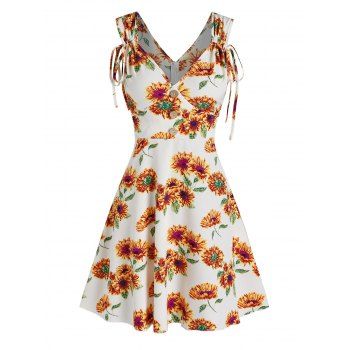 

Vacation Cinched Tie Corset Style Flower Print Mock Buttons Mini Dress, White