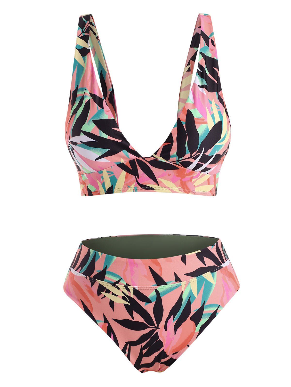 Tropical Swimsuit Leaf Print Cheeky Corset Style Tankini Swimwear - LIGHT PINK L