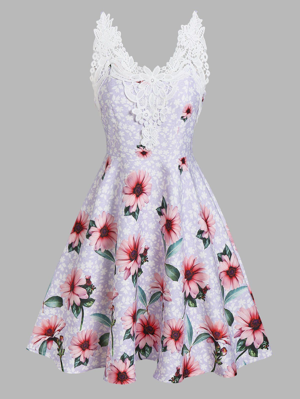 Ditsy Flower Print Cottagecore A Line Mini Sundress Floral Corchet Lace Insert Skater Dress - LIGHT PURPLE XL