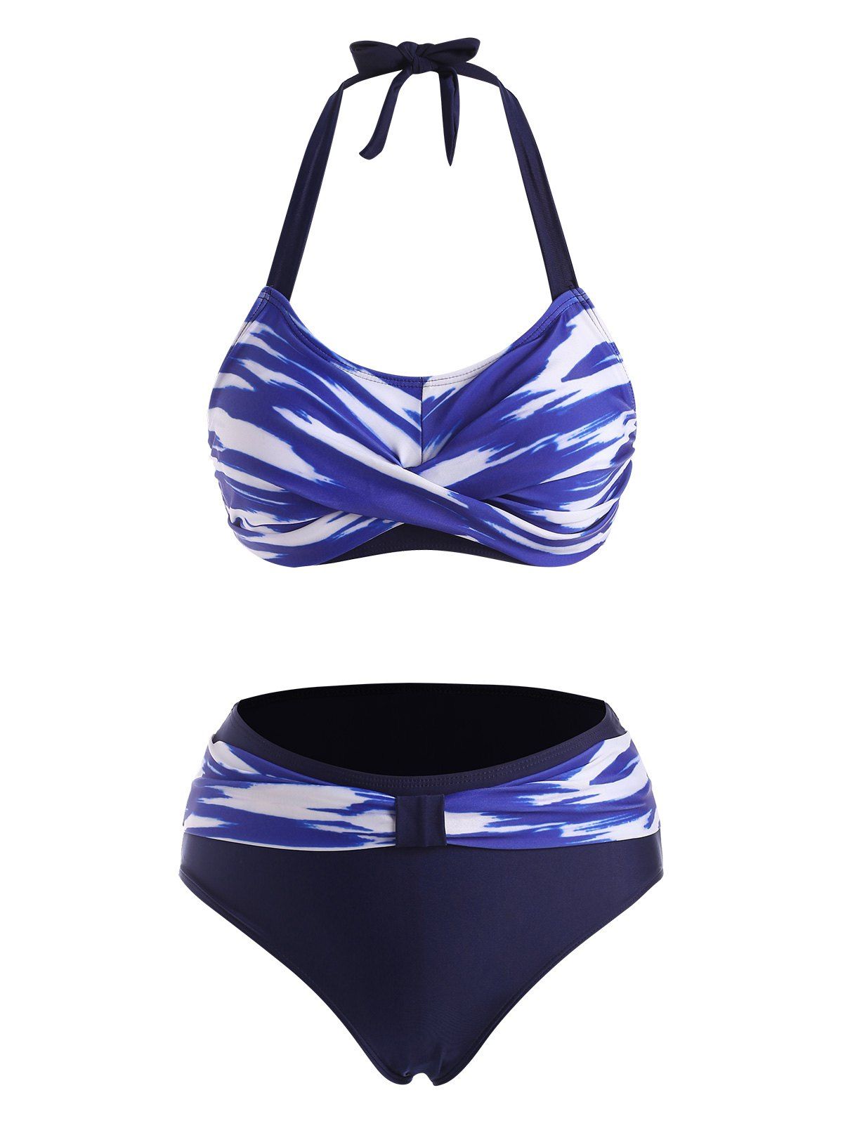 Maillot de Bain Bikini Teinté Ceinturé à Col Halter - Bleu 2XL