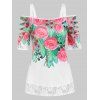 T-shirt Déchiré à Imprimé Fleur en Dentelle Insérée - Rose clair XXL