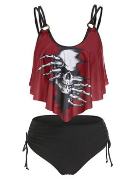 Gothic Swimsuit Skull Print Strappy Cinched Tummy Control Tankini Swimwear