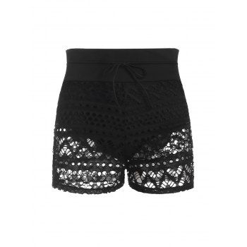 

Drawstring Crochet Insert Slit Swim Bottom, Black