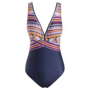 Women Tribal Aztec Print Swimsuit High Cut Low Back One-piece Swimsuit Beachwear S Multicolor