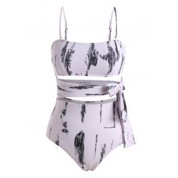 

Abstract Print Waist Tie Cutout Underboob One-piece Swimsuit, White