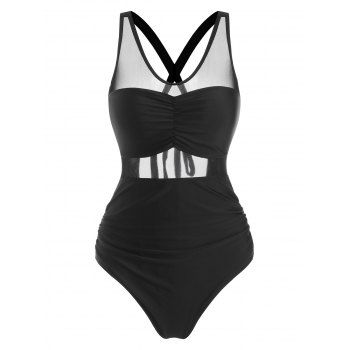 

Mesh Panel Criss Cross Ruched One-piece Swimsuit, Black