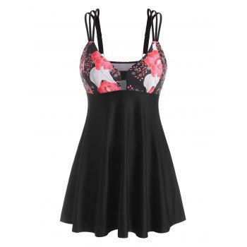 

Straps Flower Print Boyshort Skirted Tankini Swimwear, Black