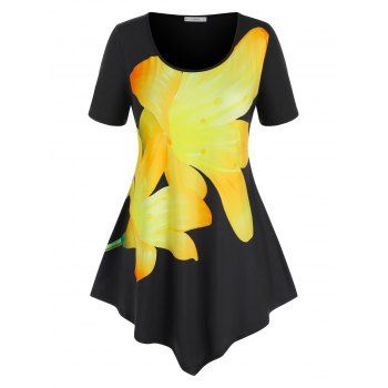 

Plus Size Floral Print Uneven Hem T Shirt, Black