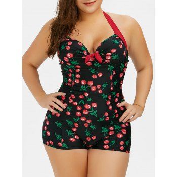 

Plus Size Cherry Print Underwire Halter One-piece Swimsuit, Black