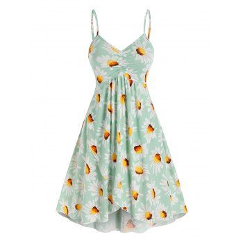 

Vacation Daisy Floral Print Spaghetti Strap Overlap Dress, Light green