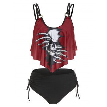 

Tummy Control Tankini Swimwear Gothic Swimsuit Skeleton Skull Print Strappy Cinched Ruched Summer Beach Bathing Suit, Black