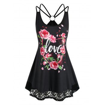 

Plus Size Valentine Flower Print Lace Hem Ring Tank Top, Black