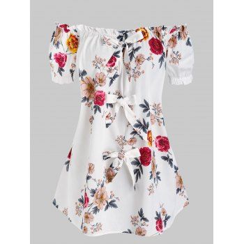 

Off The Shoulder Floral Print Bowknot T-shirt, White