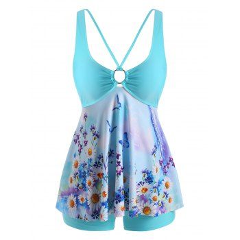 

Plus Size Daisy Floral Plunge Ring Boyleg Tankini Swimwear, Light blue