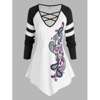 

Plus Size Skull Paisley Print Raglan Sleeve Criss Cross T Shirt, White