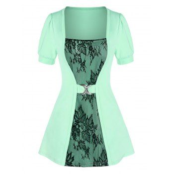 

Leaves Lace Insert Faux Twinset T-shirt, Light green