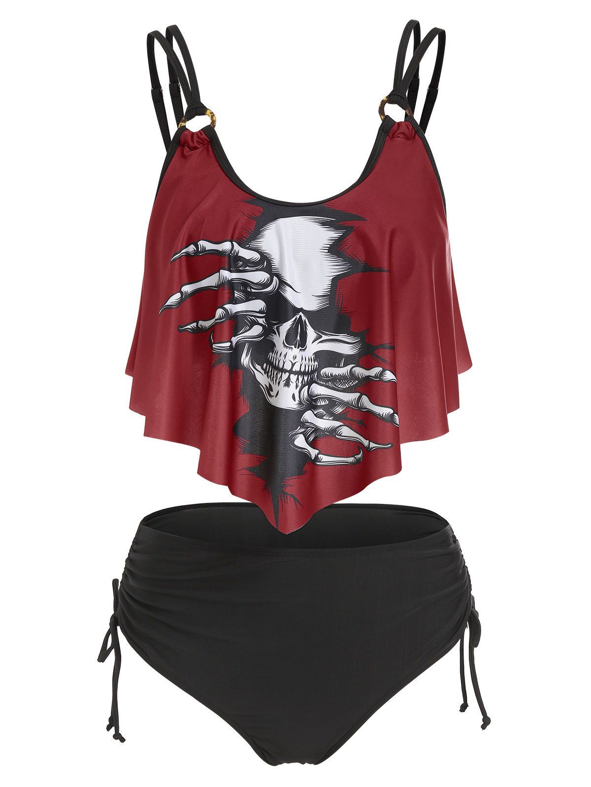 Tummy Control Tankini Swimwear Gothic Swimsuit Skeleton Skull Print Strappy Cinched Ruched Summer Beach Bathing Suit - BLACK L