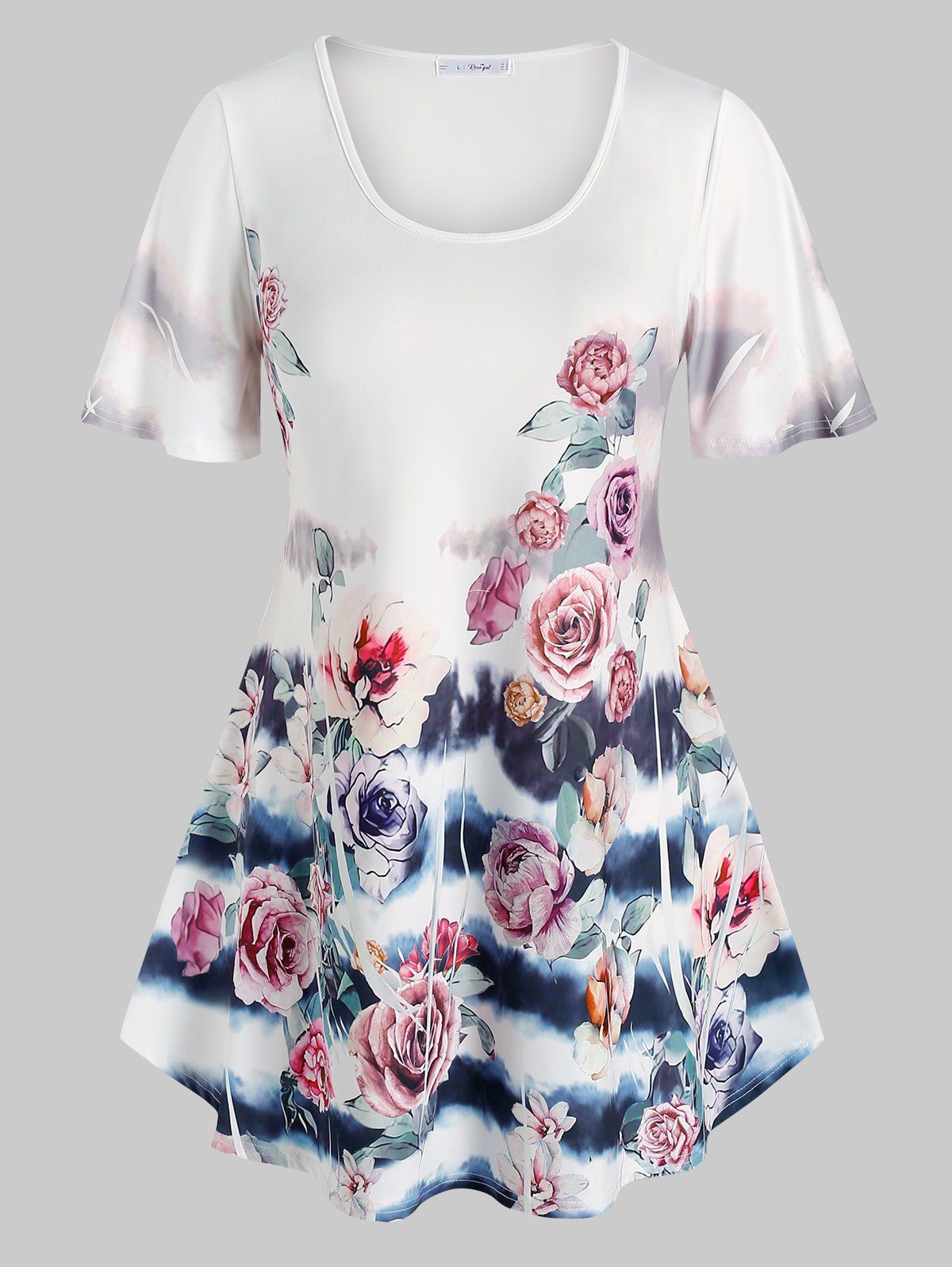 Plus Size Floral Print Curved Hem Longline T Shirt - WHITE 4X