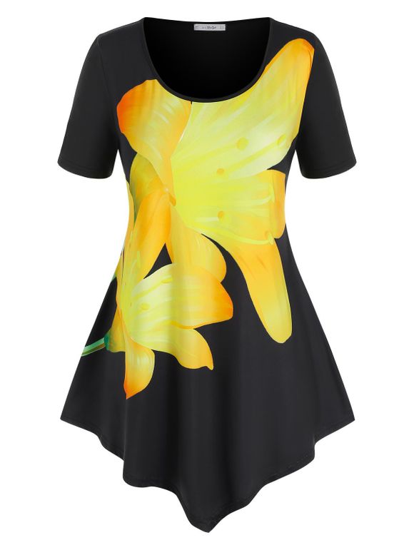 T-shirt Fleuri Imprimé de Grande Taille à Ourlet Asymétrique - Noir 5X