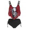Tummy Control Tankini Swimwear Gothic Swimsuit Skeleton Skull Print Strappy Cinched Ruched Summer Beach Bathing Suit - BLACK L