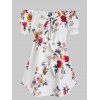 T-shirt Fleuri Imprimé à Epaule Dénudée avec Nœud Papillon - Blanc L