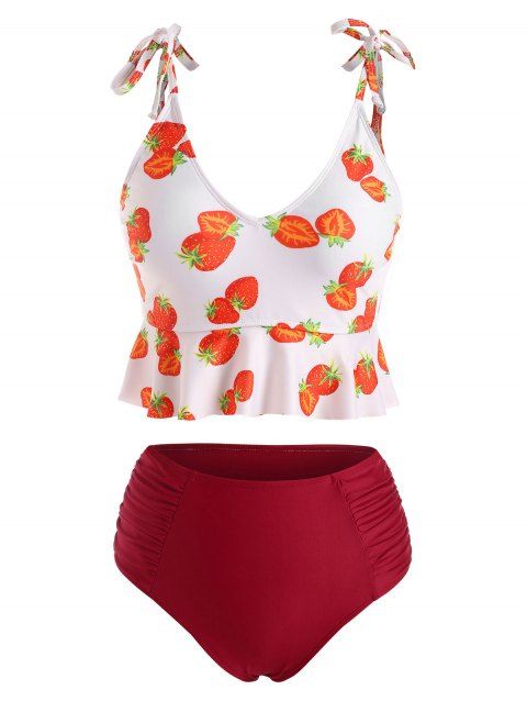 Tummy Control Tankini Swimwear Strawberry Print Tied Shoulder Ruched Peplum Summer Beach Swimsuit