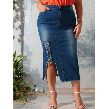 

Ripped Frayed Hem Asymmetrical Plus Size Denim Skirt, Deep blue