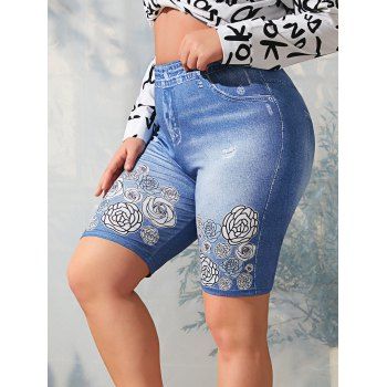 

Plus Size High Waisted Rose Flower Print Leggings, Blue