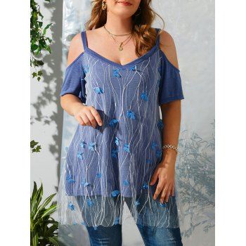 

Mesh Butterfly Applique Open Shoulder Plus Size Top, Blue