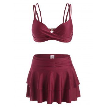 

Twist Detail Push Up Skirted Three Piece Bikini Swimsuit, Deep red