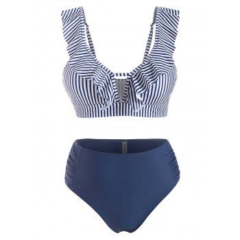 

Plus Size Ruffle Striped Ruched Detail High Waist Bikini Swimwear, Deep blue