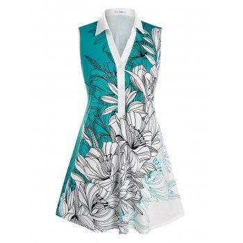

Plus Size Sketch Flower Placket Sleeveless Blouse, Blue