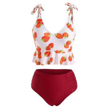 

Tummy Control Tankini Swimwear Strawberry Print Tied Shoulder Ruched Peplum Summer Beach Swimsuit, Deep red