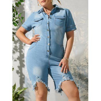 

Button Front Destroyed Pockets Plus Size Denim Romper, Blue